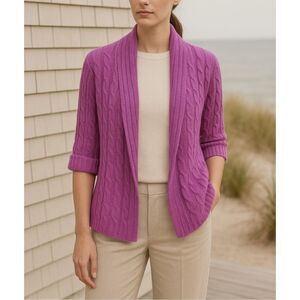 White + Warren 100% Cashmere Cable Knit Open Cardigan Purple Magenta M